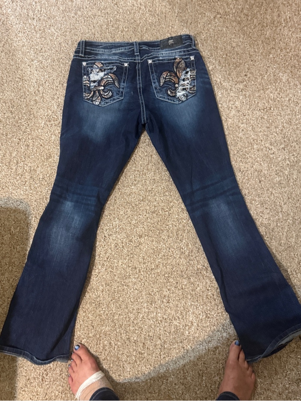 Miss Me Dark Blue Flare Jeans with Embellished Fleur-de-Lis Pockets Size 34x31